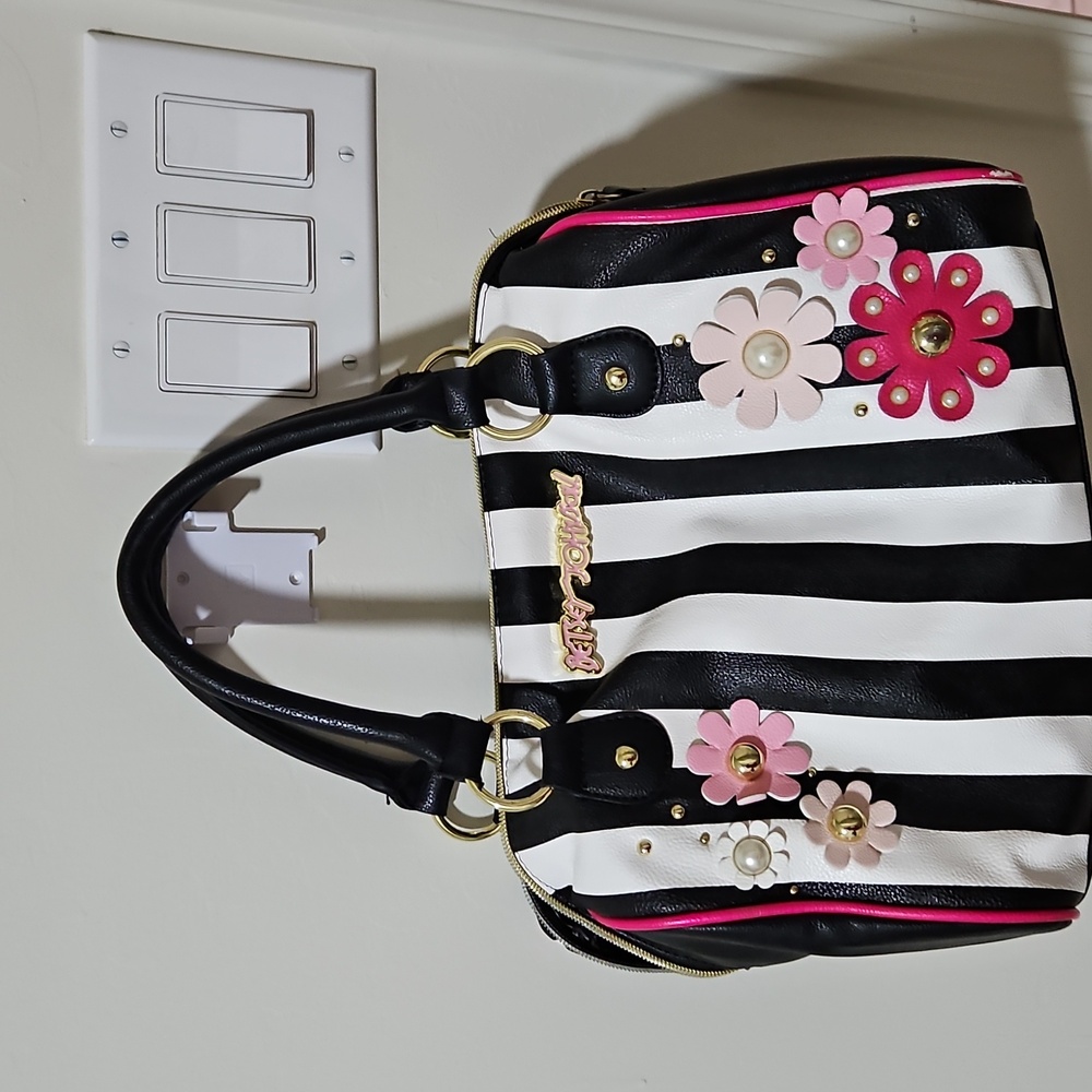 Betsey Johnson Striped Satchel with Floral Accents